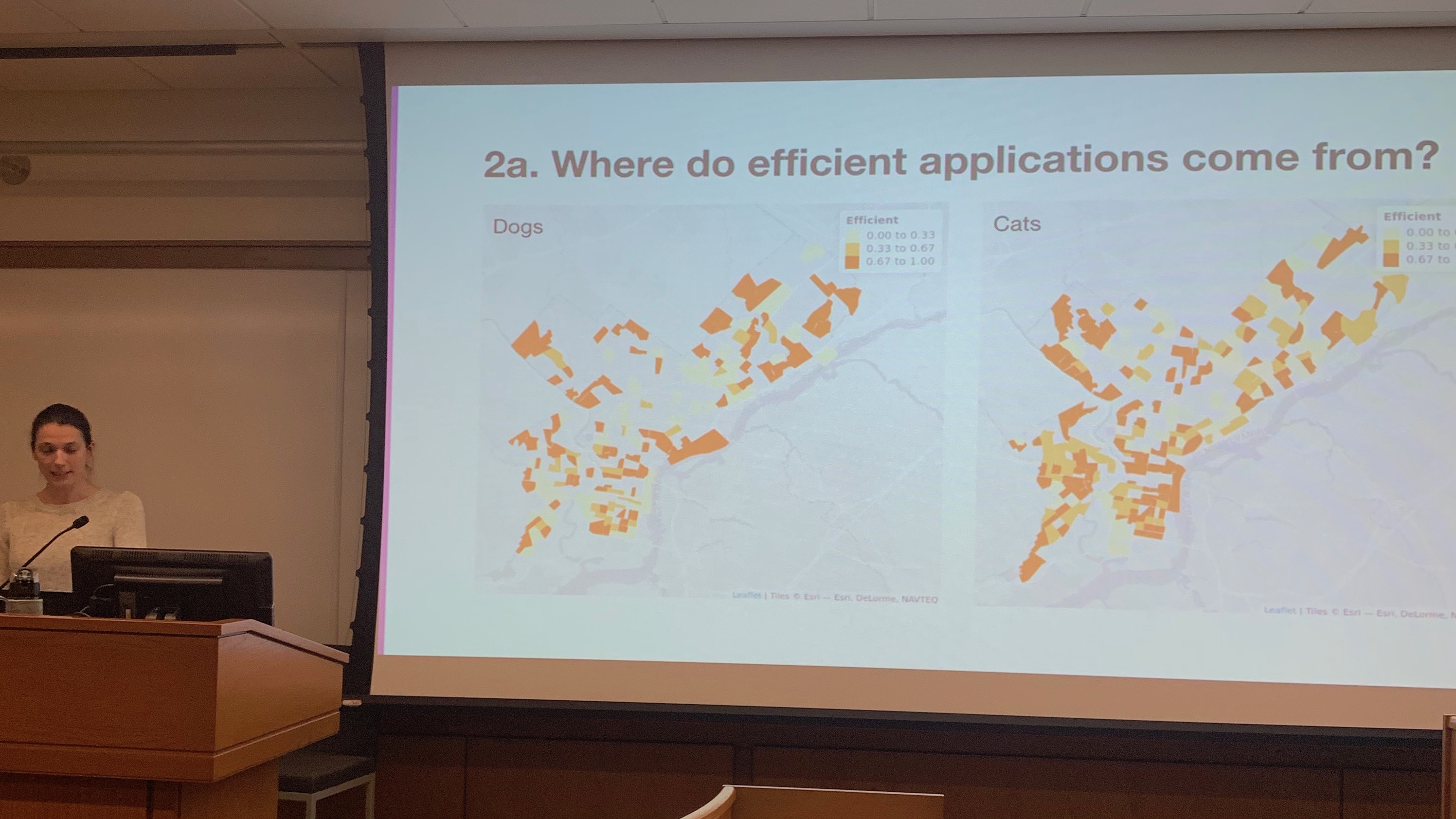 Karla explains a map of the Philadelphia area highlighting zip codes with faster PAWS application processing times.